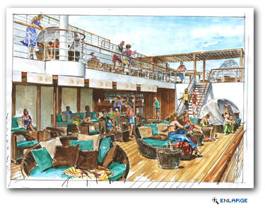 Carnival Dream's 11,250-square-foot Serenity area will encompass two levels � a first for the line � and accommodate up to 200 guests who can select from seven different styles of seating, from plush chaise lounges and chairs to shaded sun loungers and even hammocks.