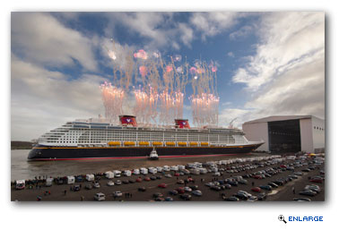 Shortly before noon on Sunday morning, the newest addition to the Disney Cruise Line, Disney Fantasy, was floated out from the covered building dock at the MEYER WERFT shipyard in Papenburg, Germany. 