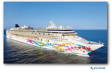 Norwegian Pearl's decorative hull artwork featuring strands of colorful pearls and streamers running from the bow of the ship almost to the middle of the ship