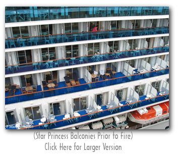 Each level of baclonies on Star Princess, and other ships in the Princess fleet, is recessed from the level below which would provide fire with a unobstructed path from deck to deck.